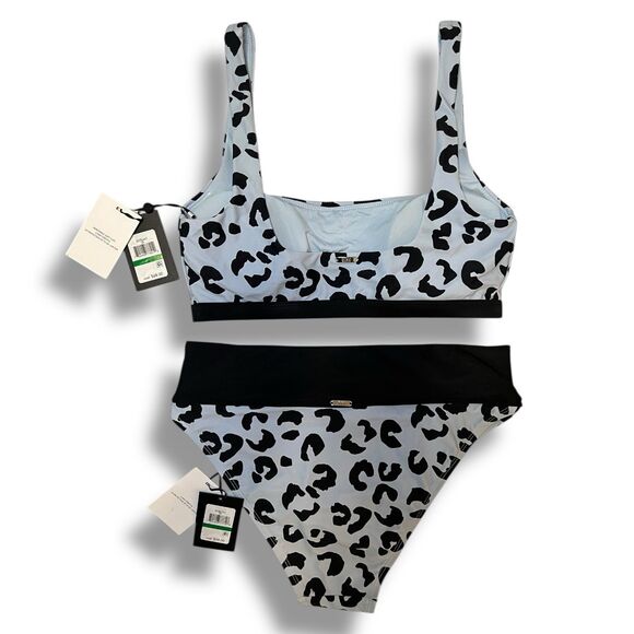 DKNY Leopard Print Bikini Set | High-Waisted Swimwear | Blue White Animal Print - Picture 3 of 8